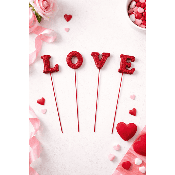 Valentine’s Day LOVE Heart Picks, Red Glitter, 2-pack