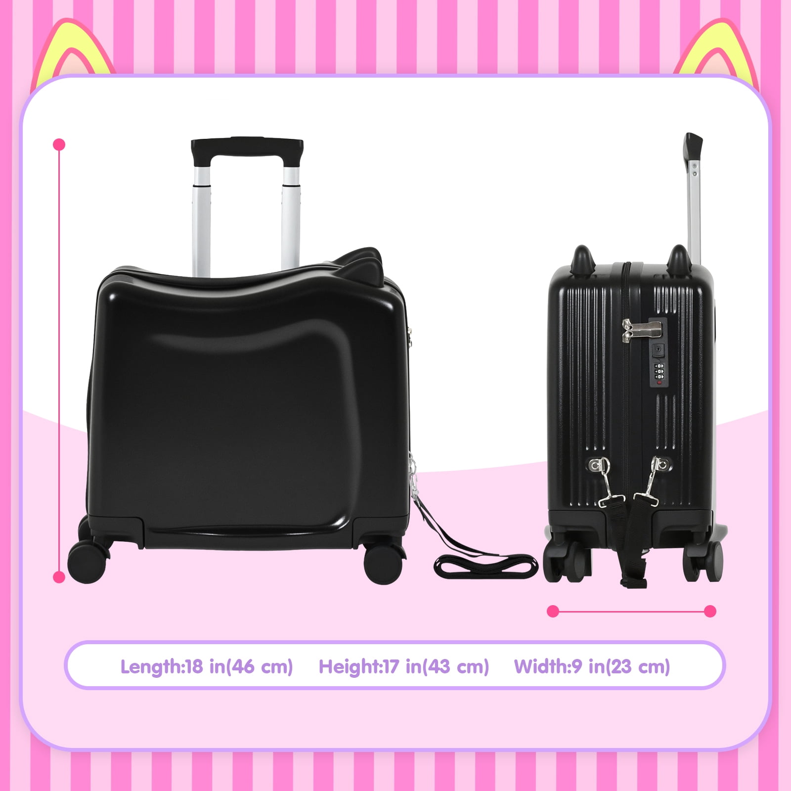 Advwin 20" Ride on Hardshell Suitcase with Spinner Wheels for Kids, Lightweight Trolley Luggage with Carry Strap, Carry on Travel Luggage with Lock, Black
