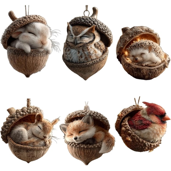 6 Pcs Forest Animal Acorn Ornaments – Cozy Forest Christmas Ornaments, 2025 New Pine Cone Decoration, Woodland Creature Figurine, 2D Acrylic Hanging Ornament Home Party Decor (Animal -Pack of 6)