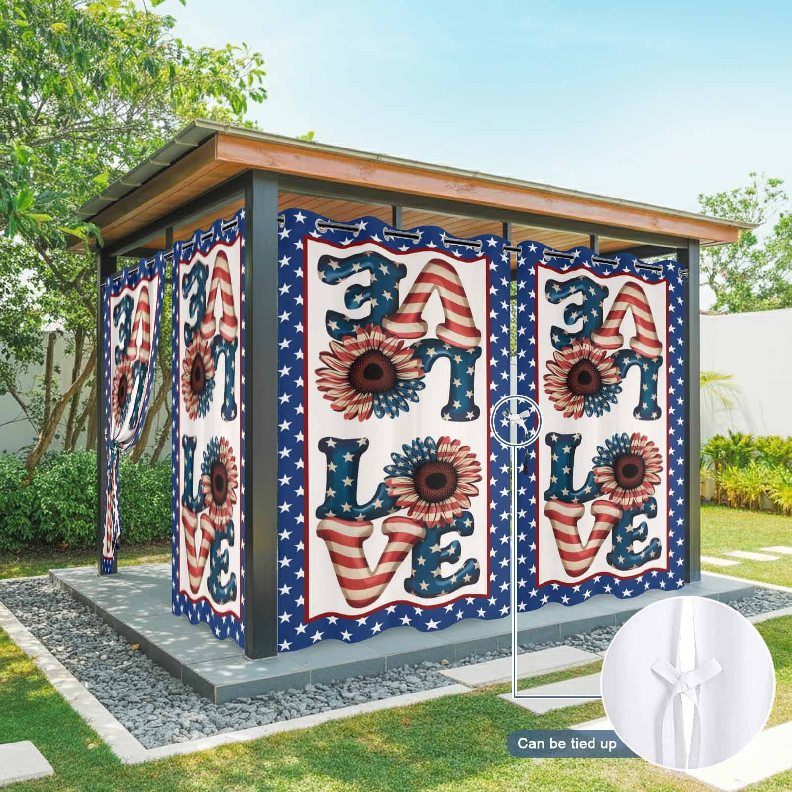 Independence Day Outdoor Curtains for Patio, Love U.S. Flag Sunflower Star Flag Day Sunshade Privacy Drapes Grommet Waterproof Outside Curtains for Porch/Cabana/Balcony 54"x 95", 2 Panel