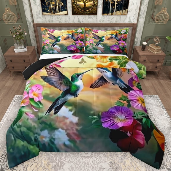 Manfei Adult Jungle Bird Full Size Comforter Sets, Rustic Hummingbird Animal Bedding Comforter Set, Purple Flower Reversible Bedding Sets, Ultra Soft Bedroom Decor, 3-Piece