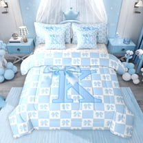 jejeloiu Blue Bowknot Bow 7-Piece Twin Bedding Sets,Letter K Monogrammed Bedding Comforter Set For Girls Kids Reversible