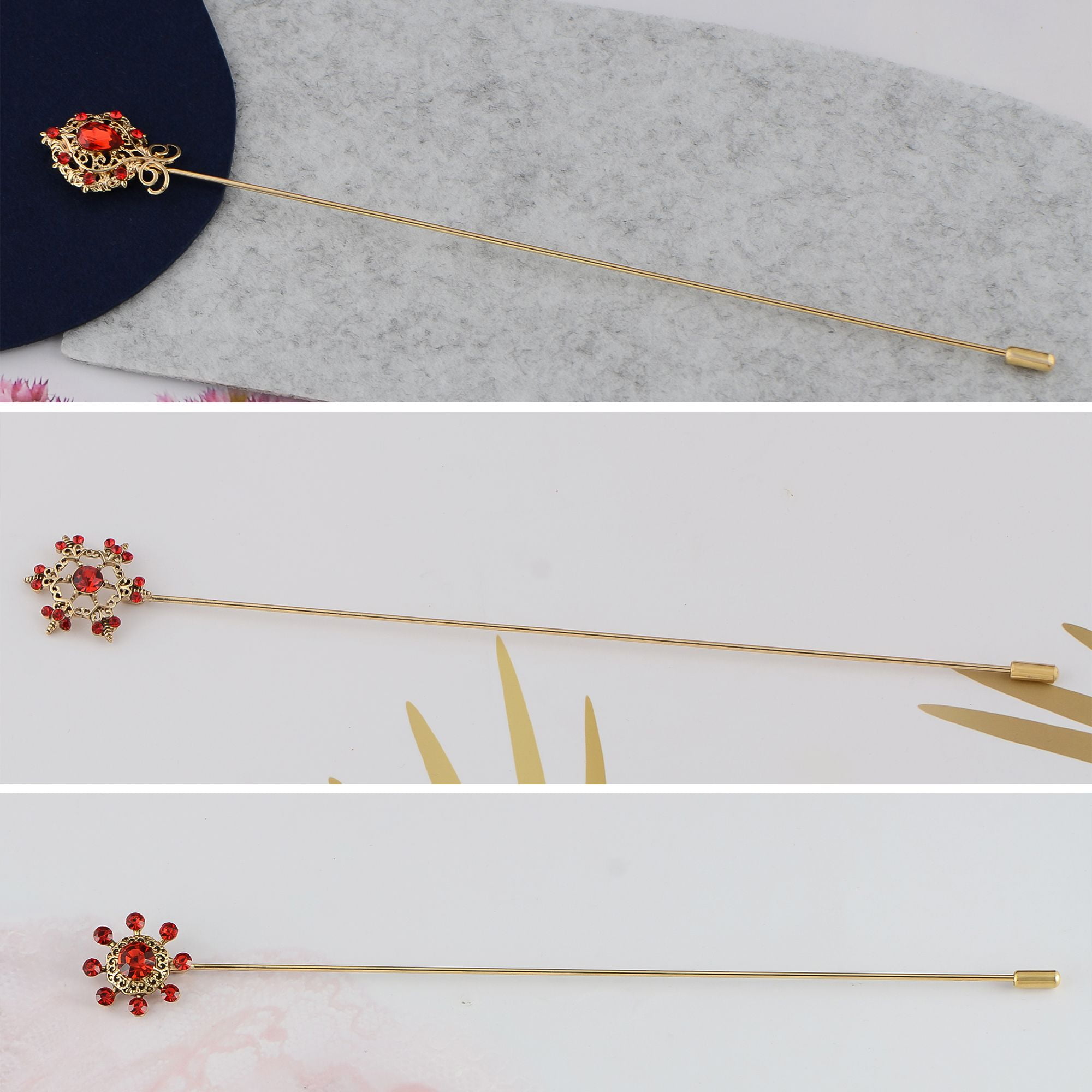 Vintage 3Pcs Long Stick Hat Pins Crystal Flower Butterfly and Pearl Details for Classic Hat Lapel and Scarf Accessorizing - 3pcs Flower