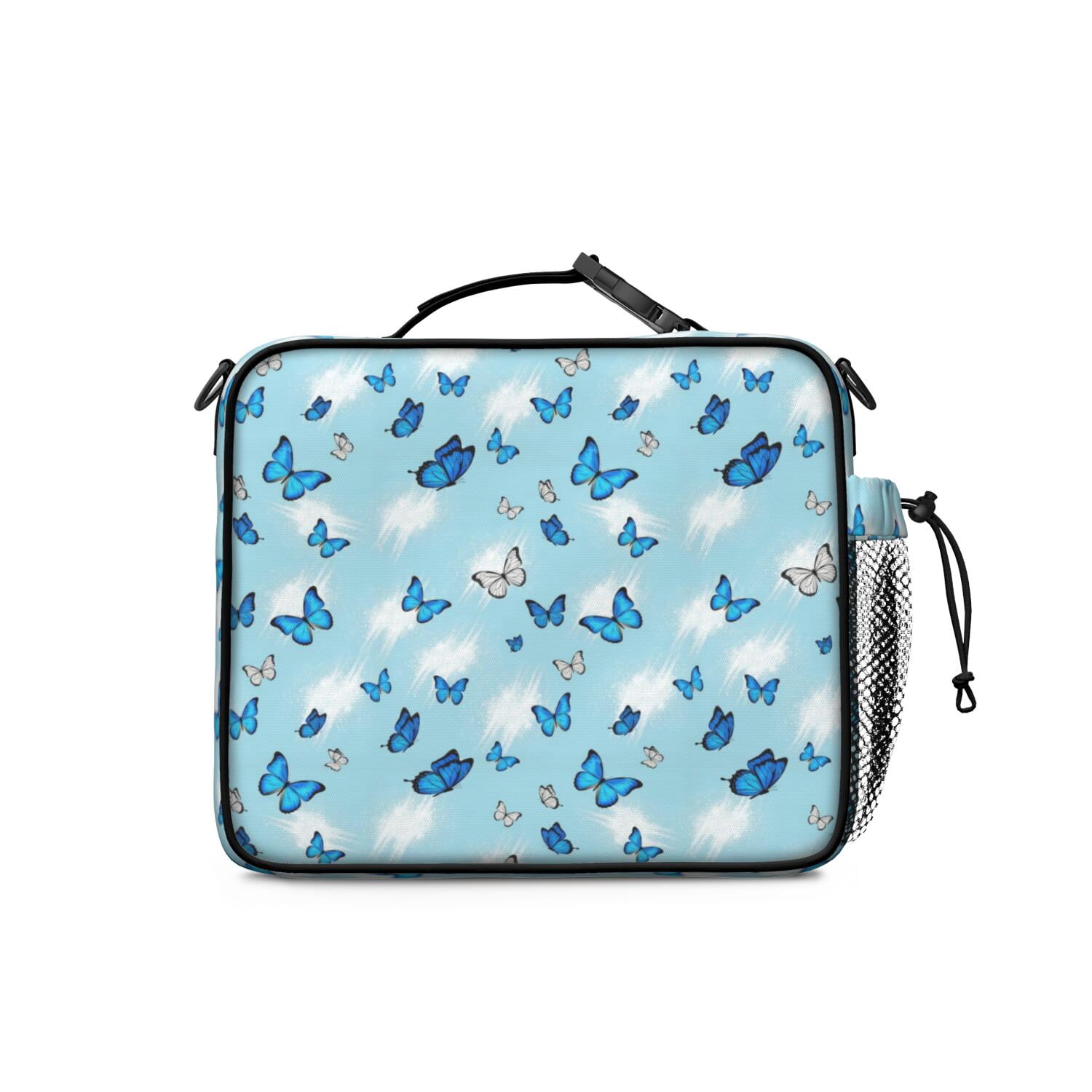 Lightblue Butterfly Sparkle Pattern Bento School Insulated Lunch Bag Box with Shoulder Strap and Bottle Holder, 11" X 9.5" X 3.5"
