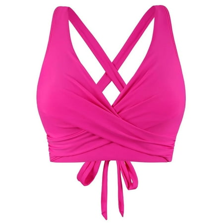 Fadeal Bikini Tops for Women Women Lace Up Swimwear Tops Underwire Full Coverage Bikini Top Push Up Swim Crop Top Tie Back Bathing Suit Tops Swimsuit Tops for Women Hot Pink L