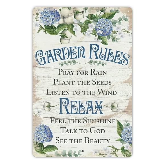 Garden Rules Metal Sign - Floral Garden Sign Decorative Outdoor, Greenhouse Display and Summer House Print, Backyard Religious Decor and Gift, 8x12 Use Indoors or Outdoors