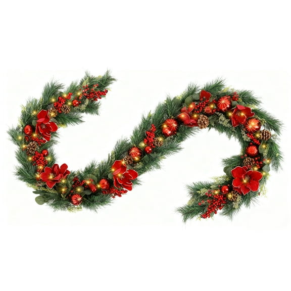 9ft Pre-Lit 100 LED Christmas Garland with Red Flowers and Pine Cones Decorate Stairs Mantle for Indoor Outdoor