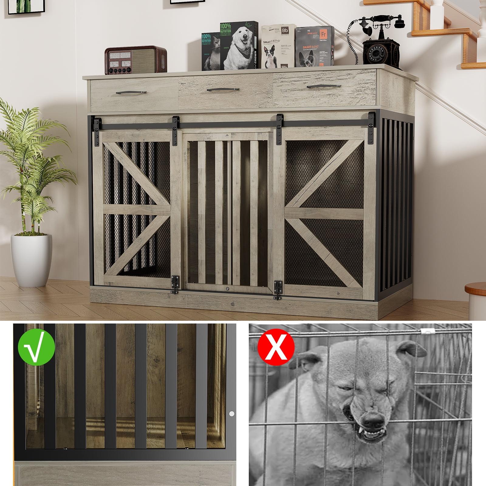 Casendy Dog Crate Furniture with Adjustable Divider for 2 Dogs, Heavy Duty Dog Kennels with 3 Drawers and Sliding Doors, Media Console Dog Cage for Living Room, Gray