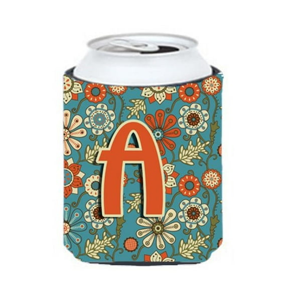 Carolines Treasures Letter A Flowers Retro Blue Can & Bottle Hugger