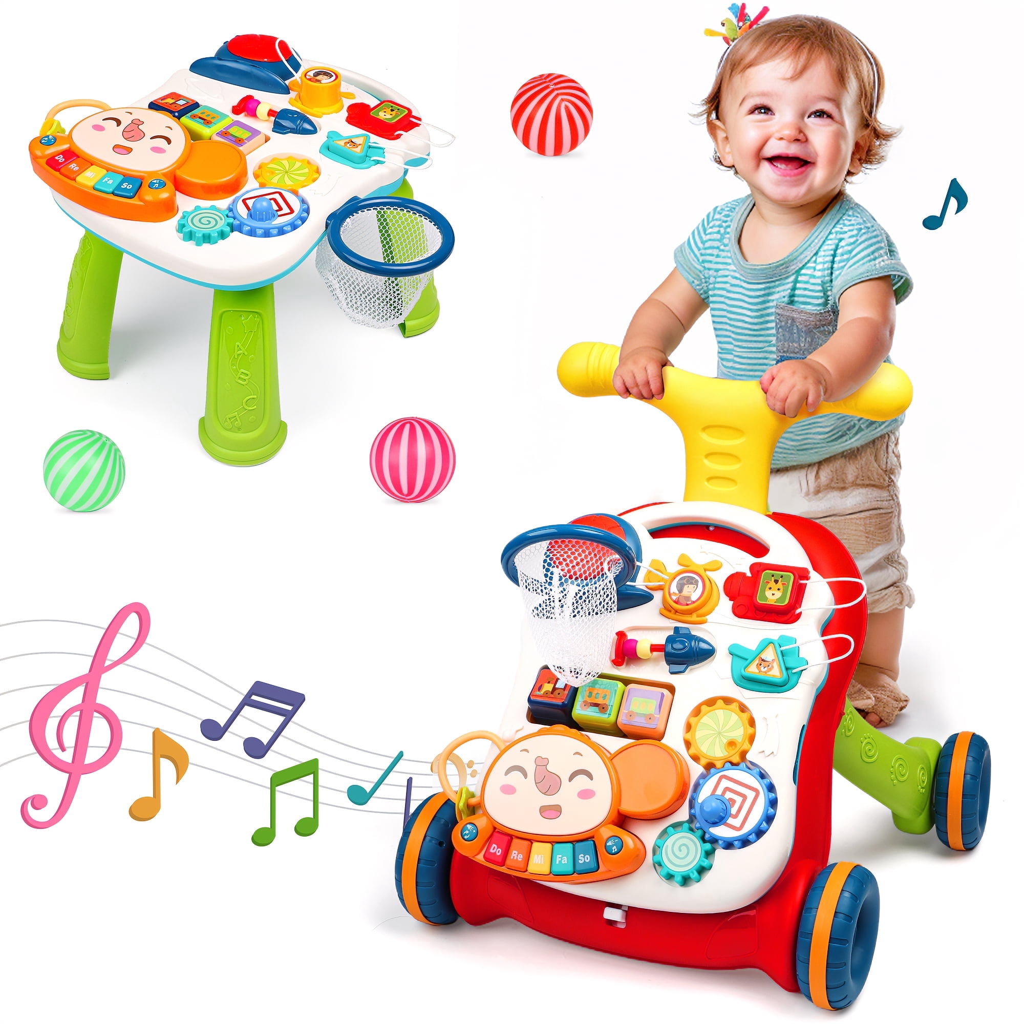 Hot Bee 3-in-1 Baby Walker and Learning Table Center, Perfect Learning Toys Christmas Gift for Infants 6-12 Months, 17.3 Inch Perfect for Early Development & Playtime for Girls Boys-Red