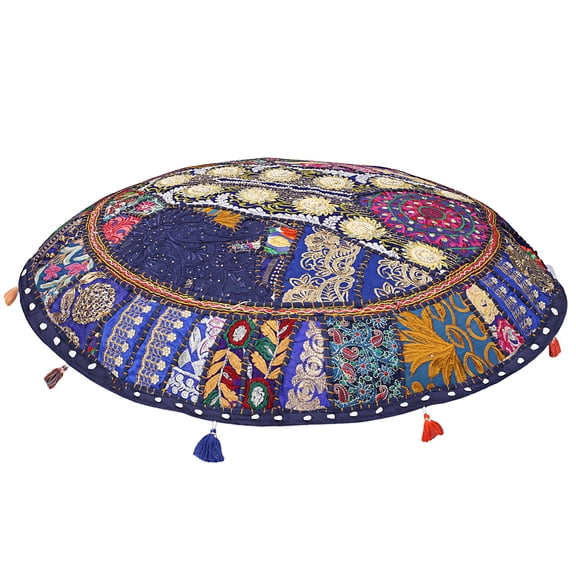 Stylo Culture Indian Floor Pillow Cover Vintage Patchwork Round Bohemian Seating Dark Blue 40x40 Inch Oversized Decorative Decor Seating Tuffet Seat Pouf Cover Footstool Cotton Embroidered 1 Pc