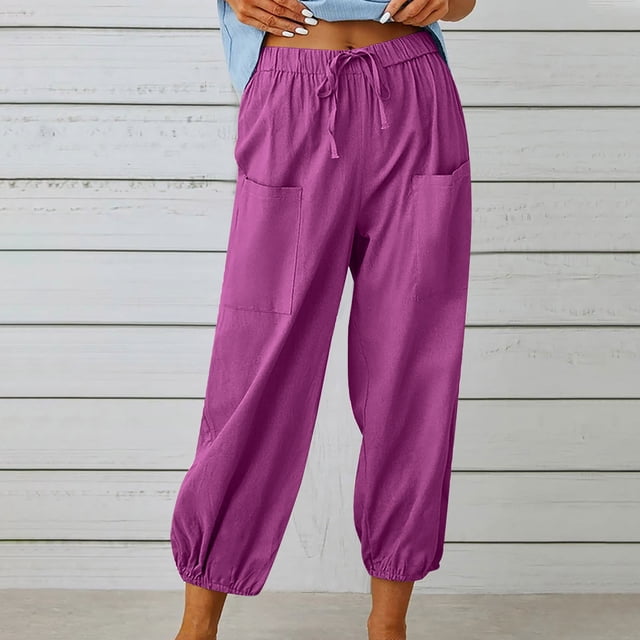 ICHUANYI Clearance Fashion Women Summer Casual Loose Cotton And Linen Pocket Trousers Pants(Hot Pink, XL) ICHUANYI WER2023081016561