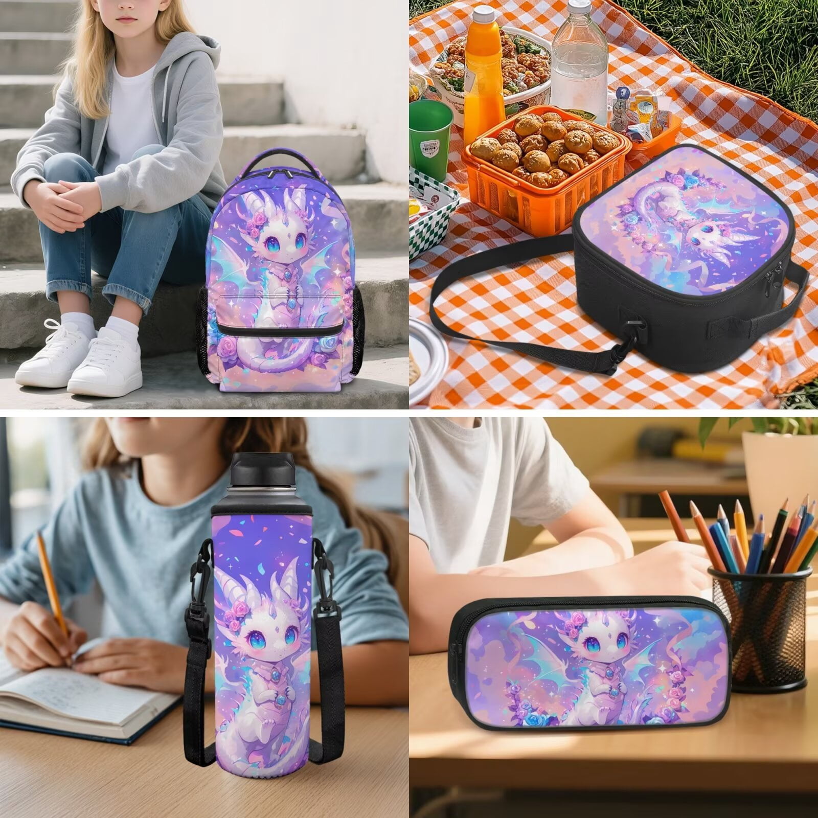 Pzuqiu Rose Dragon Backpack for Girls 5 Piece School Bookbag with Lunch Bag Lightweight School Bag for Girls 10-12 Elementary Backpack with Water Bottle Bag Pencil Box