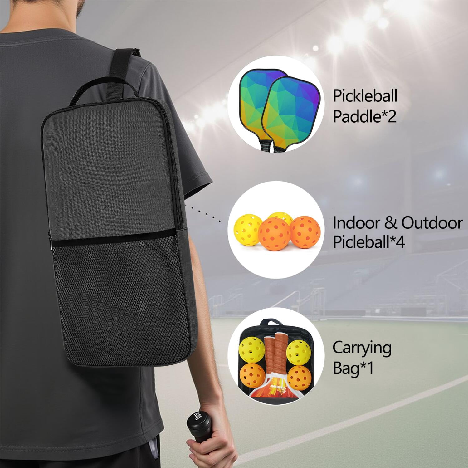 Pickleball Paddles Set Of 2, Fiberglass Surface, Vibrant Rainbow Print, 4 Balls & Bag