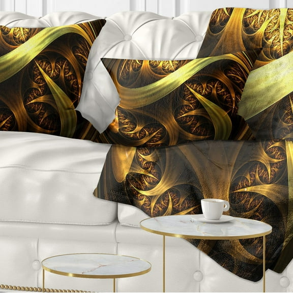 Designart Golden Fractal Sphere in Dark - Abstract Throw Pillow - 12x20