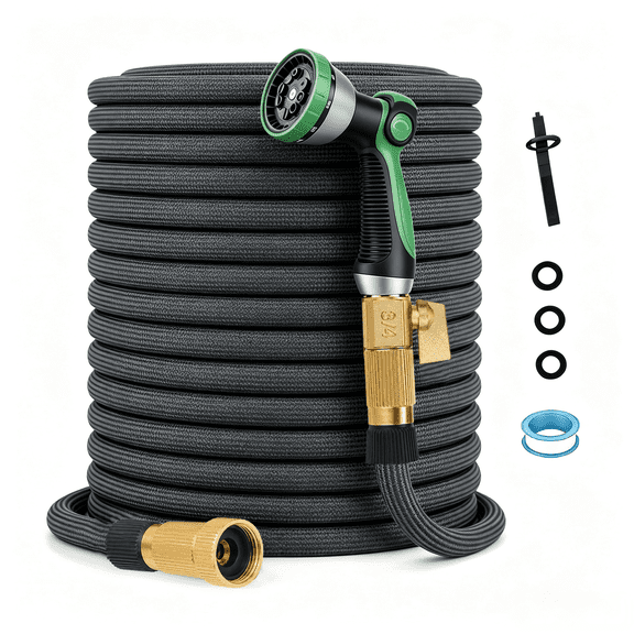 50FT Non-Expanding Heavy-Duty Garden Hose, Reinforced PVC & Polyester, 3/4-Inch Brass Connectors, Durable & Burst-Resistant, with 10-Function Nozzle