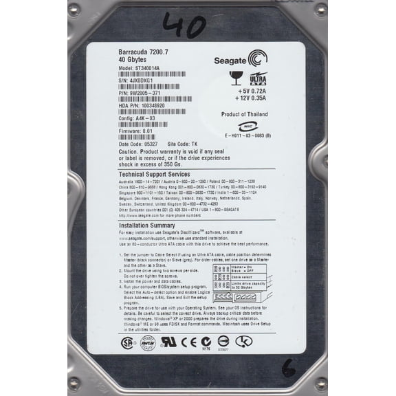ST340014A, 4JX, TK, PN 9W2005-371, FW 8.01, Seagate 40GB IDE 3.5 Hard Drive