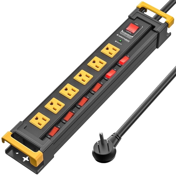 6 Outlet Metal Heavy Duty Surge Protector 3300J with Individual Switches, Mountable Power Strip Wide Spaced with Flat Plug, Wall Mount, 6FT Cord, Cord Manage, ETL Listed