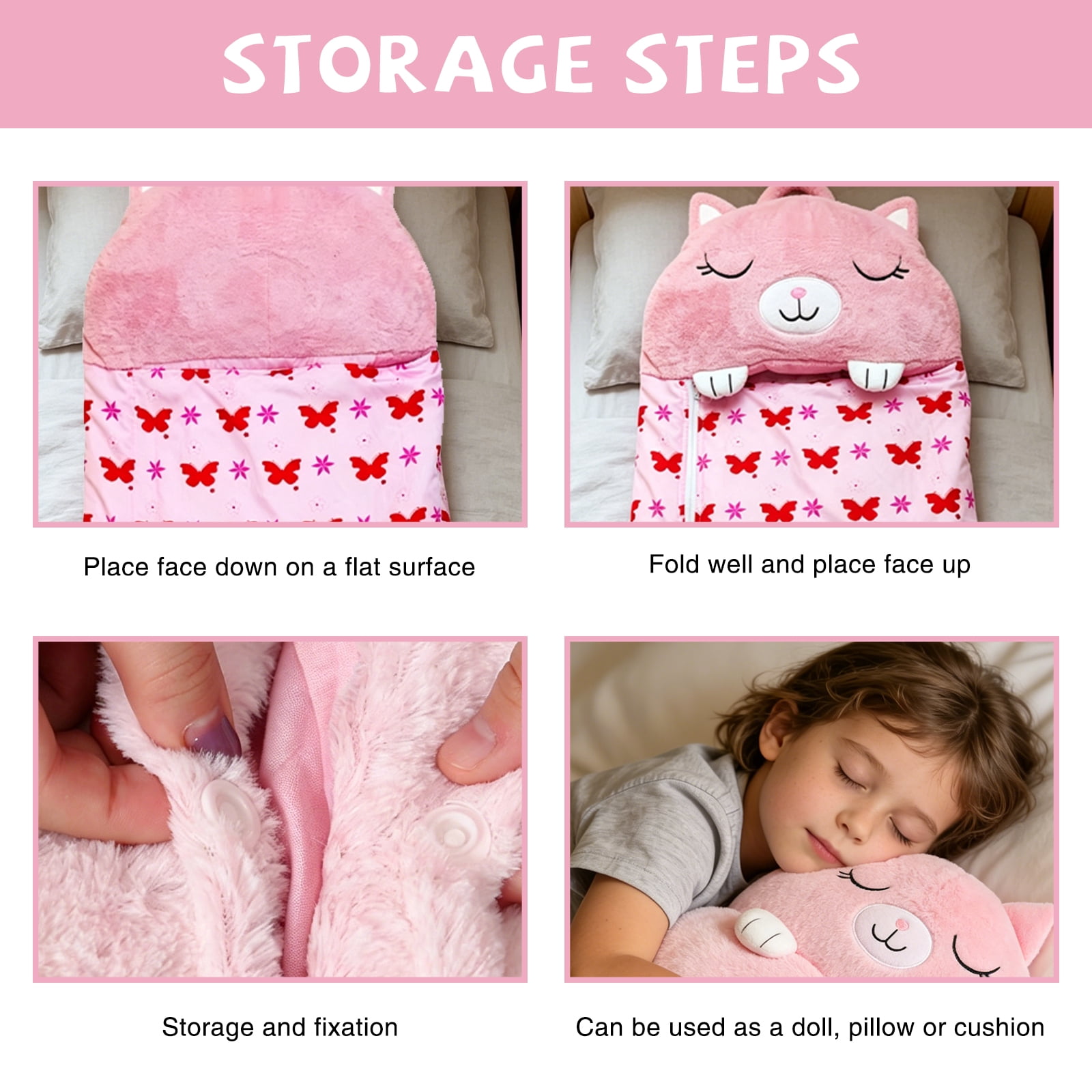 Kids Cat Sleeping Bag with Pillow - 2-in-1 Foldable, All Seasons, Soft & Warm (54"x20")-Pink