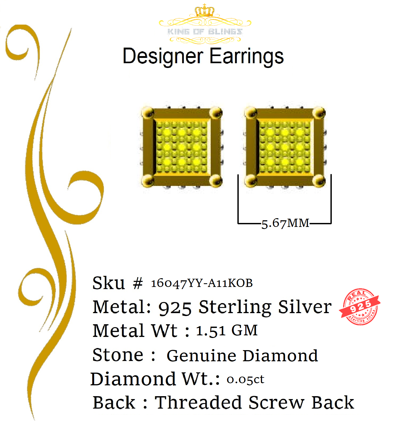 King of Bling's 0.05ct Diamond 925 Sterling Silver Yellow Stud Gents / Ladies Square Earrings