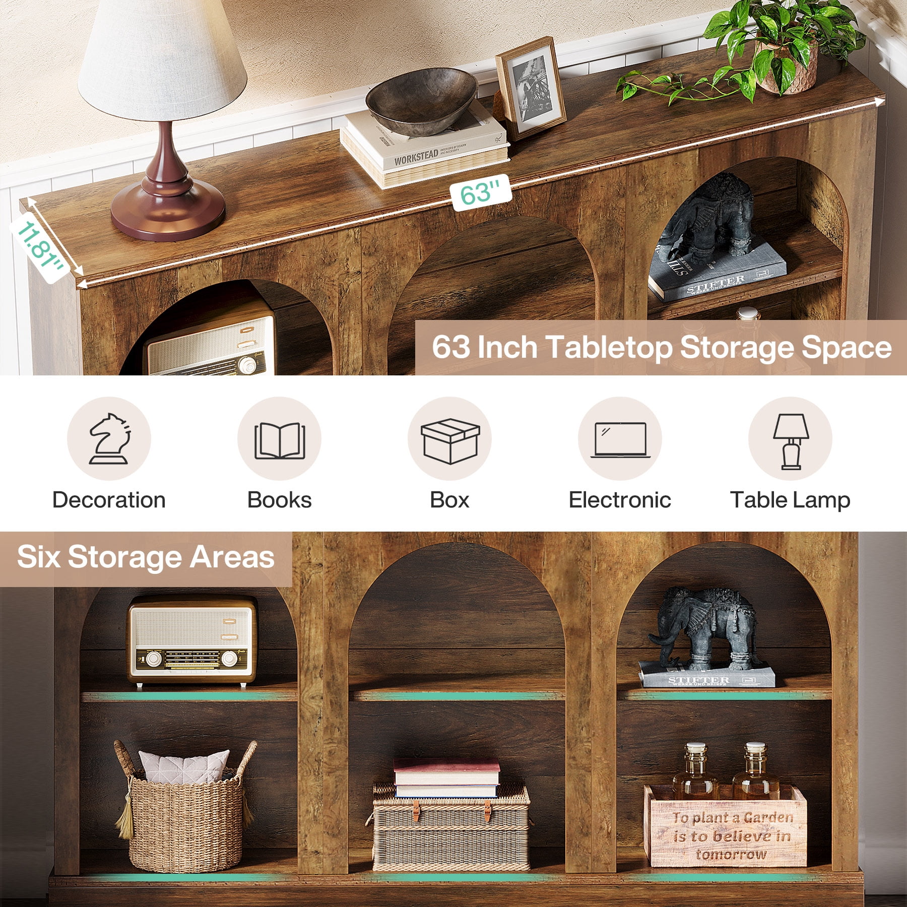 Fnova 63" Farmhouse Console Table, Wooden Entryway Table with 3-Tier Storage, Rectangular Sofa Table for Entrance, Hallway, Living Room, Behind Couch
