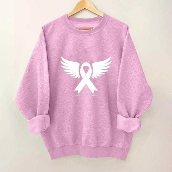 Nfurl Pink Ribbon Graphic Tees Shirts for Women Breast Cancer Sweatshirts Casual Long Sleeve Crewneck Tshirts Gift for Warriors Fall Pullover Tops Pink S