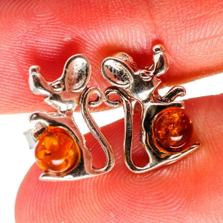 Handmade Silver Lampwork Earrings - Genuine Baltic Amber Mouse Earrings 1/2
