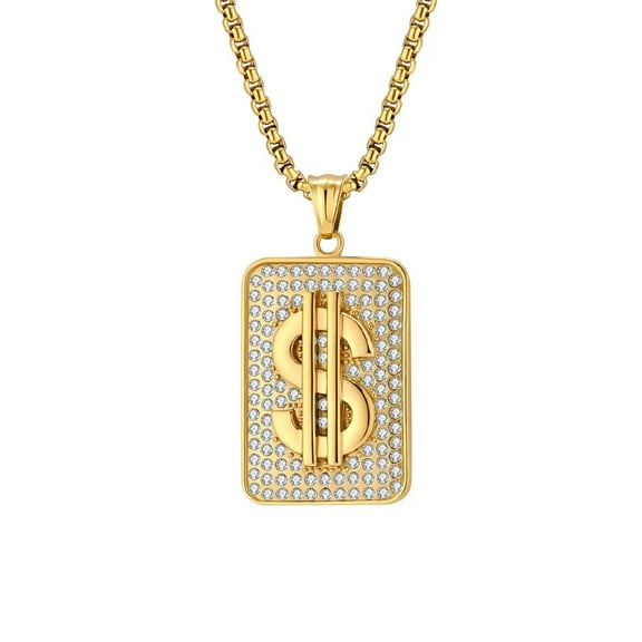PAMTIER Unisex Stainless Steel Cool Hip Hop Square Cut Crystal Micro-Pave Iced Out Zircon Inlay Money Dollar Sign Pendant Necklace Gold Free Chain
