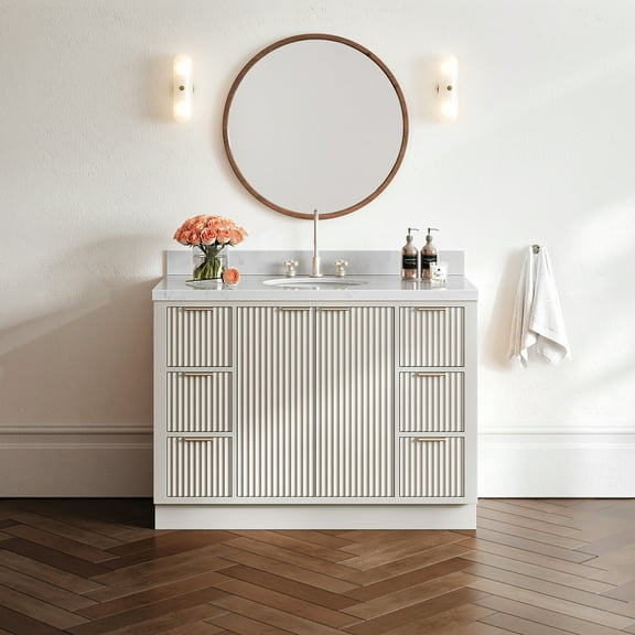 ARIEL Milan 48 Inch Single Oval Sink Bathroom Vanity with Carrara White Quartz Countertop 1.5 Inch in Warm White
