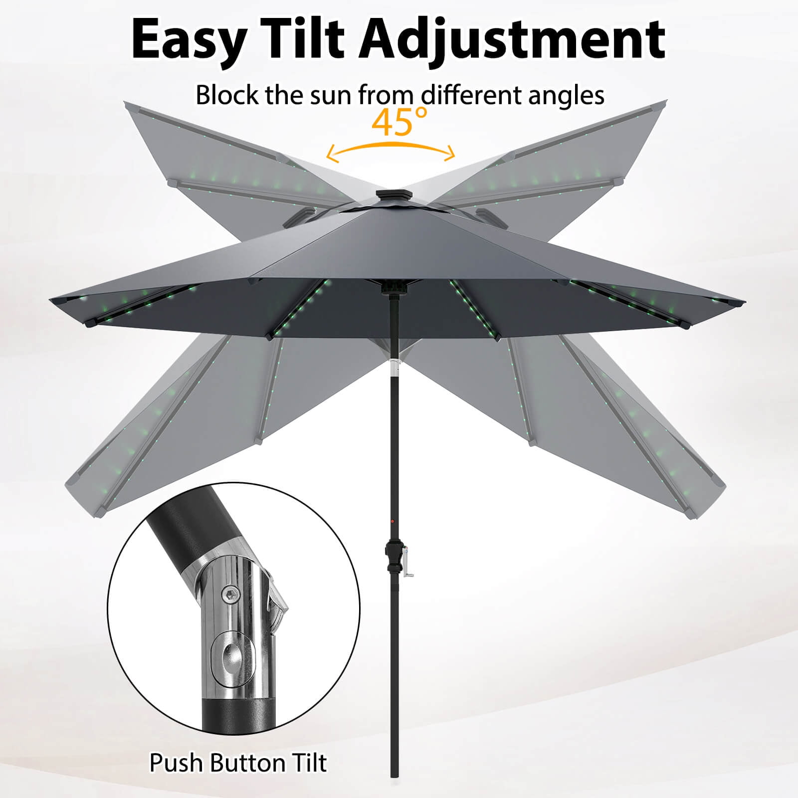 Costway 10 FT Solar Patio Umbrella with 96 LED Lights 35° Adjustable Tilt Vented Top Navy
