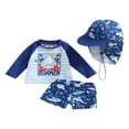 thumbnail image 1 of Kid Boy Swimsuit  Cartoon Striped Shark Print Summer Beach Long Sleeve Tops + Shorts + Hat, 1 of 7