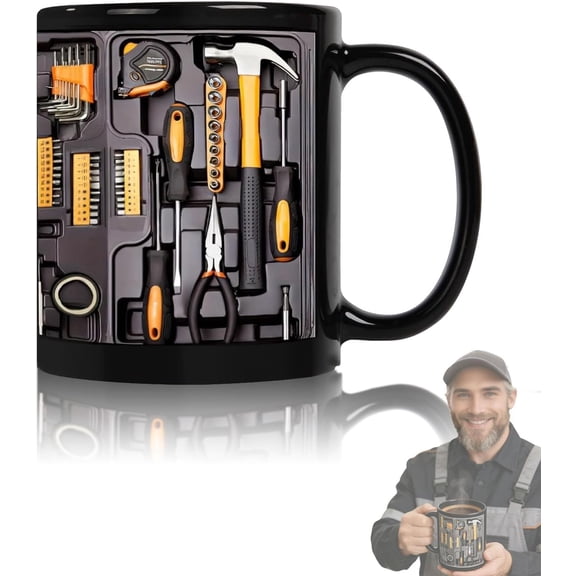 3D Tool Design Coffee Mug with Hammer and Wrench Sculpture, Stainless Steel Lined Resin Cup for Mechanics and DIYers, Unique Workshop Gift, 4.9-Inch