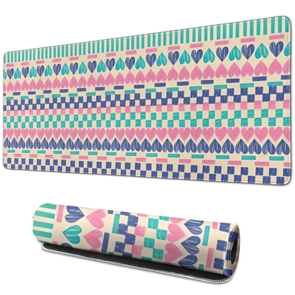 Long Mouse Pads for Desk,Pink and Blue Heart Shaped Boho Pattern Desk Mats on Top Of Desks, Desk Mouse Pad Extra Large with 3mm Non-Slip Base and Stitched Edge for Gaming,Office,Work,Home 31.5"x11.8"