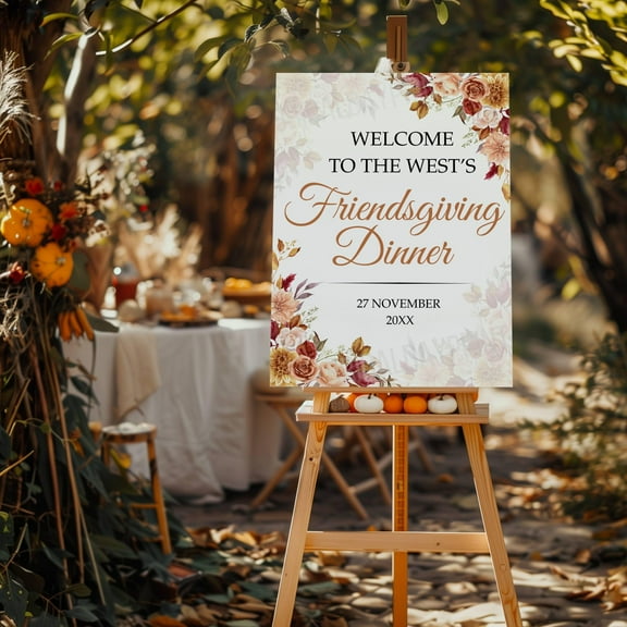MSFCON Editable Friendsgiving Welcome Sign Autumn Floral Pumpkin Thanksgiving Entrance Sign | Fall Harvest