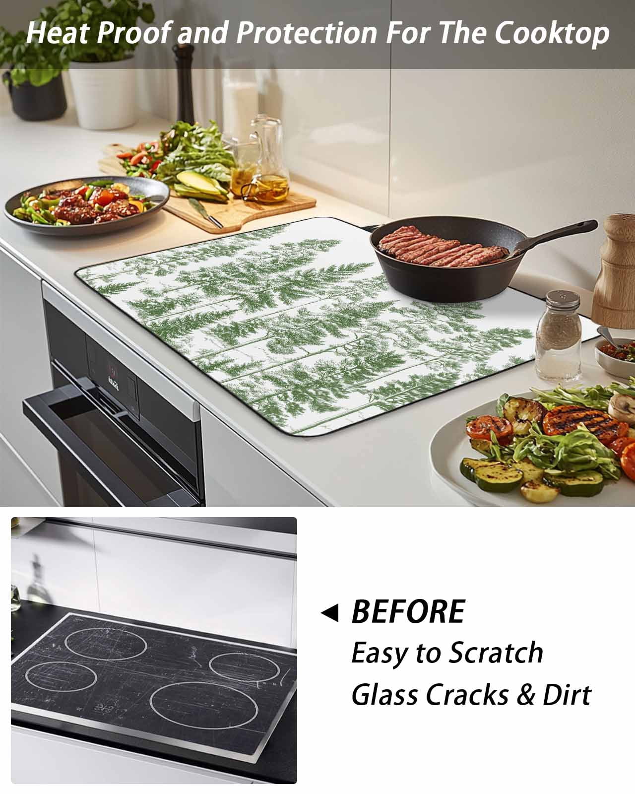 Stove Top Covers for Electric Stove, Green Pine Tree Glass Stovetop Cover Protector, Vintage Watercolor Botanical Induction Cooktop Protector Oven Mat for Kitchen Countertop 24"x21"