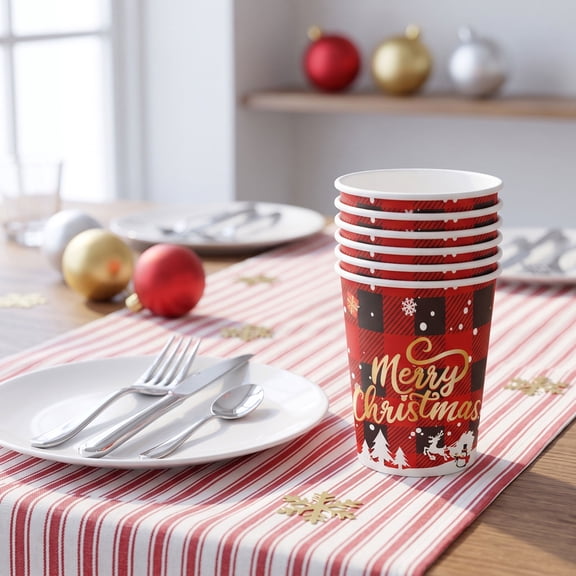 Christmas-Themed Paper Cups, Christmas Party Decorative Paper Cups Festive Tableware for Birthday, Wedding, BBQ, Picnic, Buffet, Catering, Holiday Events and Indoor Outdoor Gathering