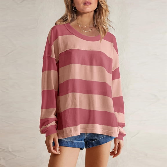 Jsaierl Color Blocked Sweatshirts for Women Oversized Loose Fit Y2k Drop Shoulder Pullover Casual Striped Long Sleeve Shirts Tops