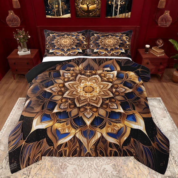 Feelyou Retro Tribal Damask Full Size Comforter Sets for Adult, Western Mandala Fashion Bedding Comforter Set, Boho Lotus Flower Reversible Bedding Sets, Breathable Home Decor, 3-Piece