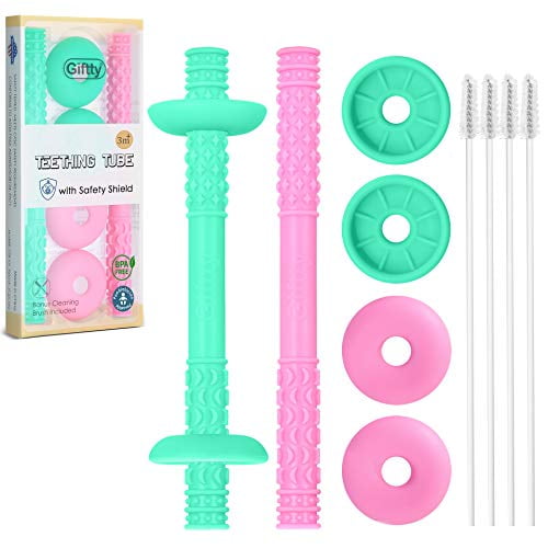 Teething Tube with Safety Shield Baby Hollow Teether Sensory Toys Gum Massager, Food-Grade Silicone for Infant 3-12 Months Boys Girls, 1 Pair with 4 Cleaning Brush Included (Rose Pink+Emerald)