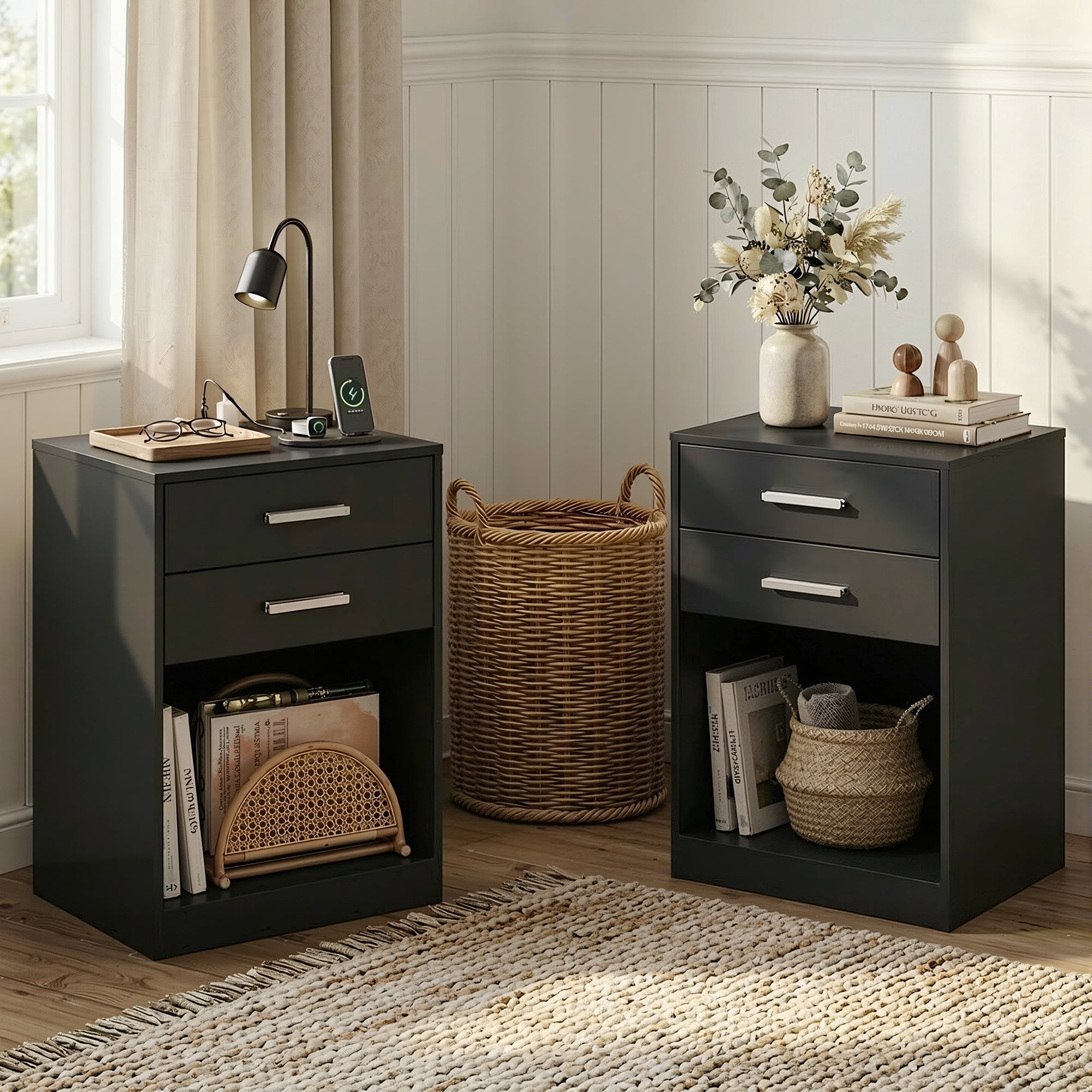 GALAXHERO Nightstand Set of 2 with Charging Station and 2 Drawers, Wood Bedside Table End Table with Open Shelf for Bedroom, Living Room, Black