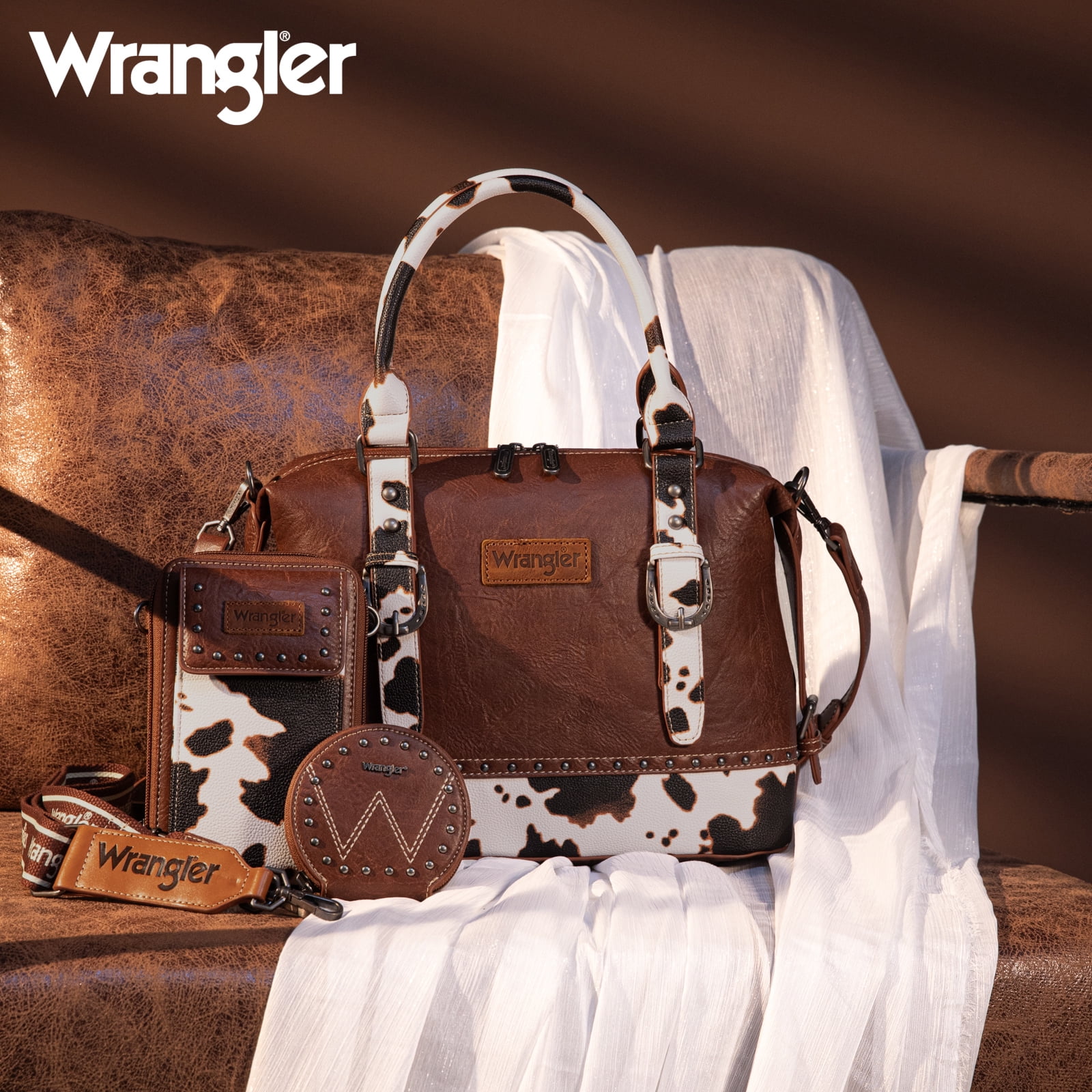 Wrangler 3Pcs Doctor Bag Sets for Women Top-Handle Satchel Bag with Cell Phone Handbags & Coin Purse, Cow Print-Brown