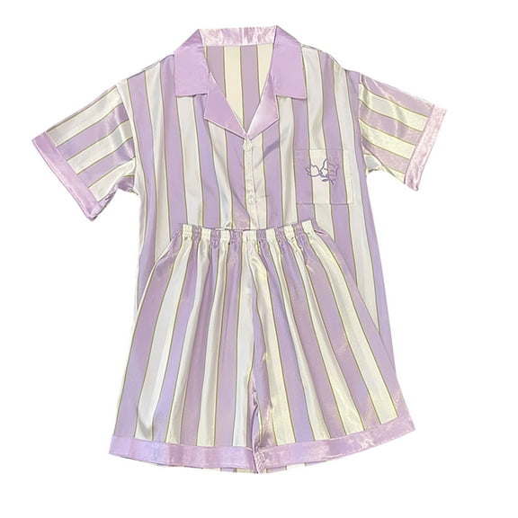 Lovskoo Women's 2024 Summer Two-Piece Lounge Set Lace Silk Satin Striped Pajamas Set Striped Short Sleeve Buttoon Down Shirts Shorts Sleepwear Loungewear Purple