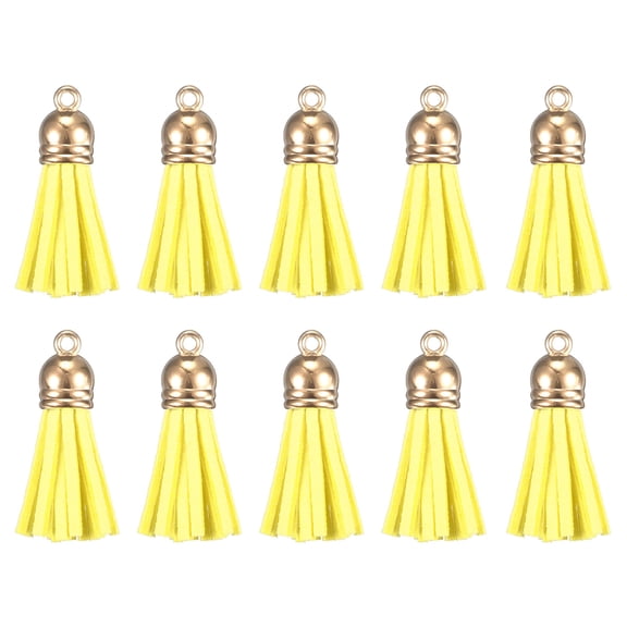 Uxcell 200 Pack Leather Tassel Keychain Charm Bulk with Cap for DIY, Yellow