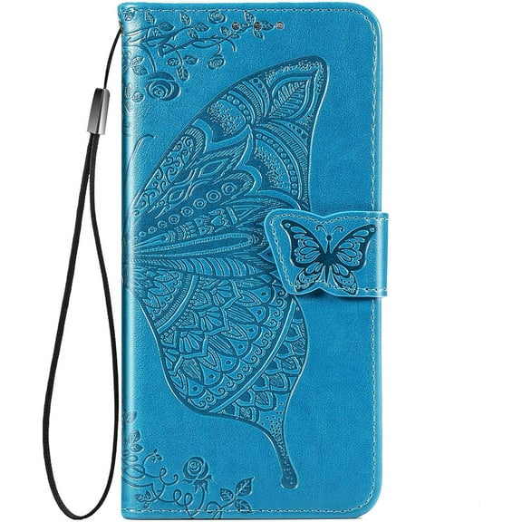Galaxy S22 5G Wallet Case, [Butterfly & Flower Embossed] PU Leather Wallet Case Flip Protective Phone Cover with Card Slots and Kickstand for Samsung Galaxy S22 6.1-Inch (Blue)