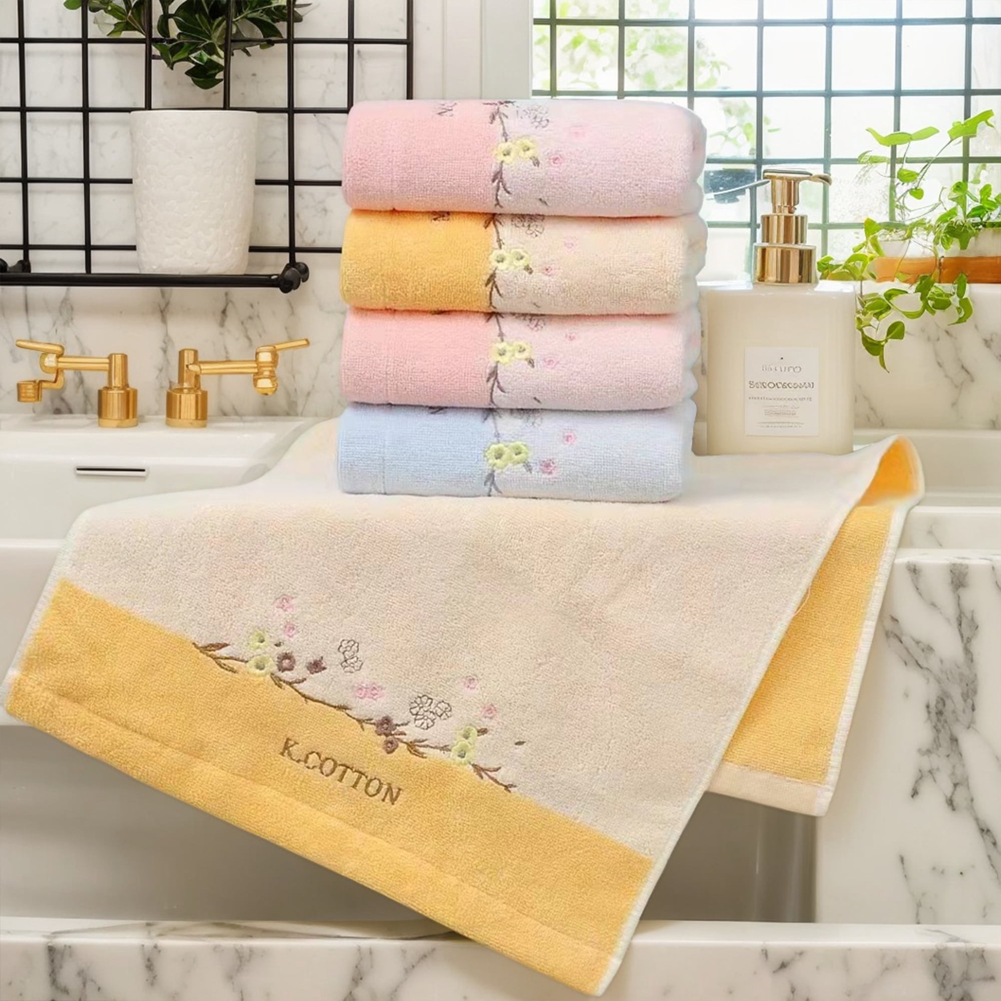 Unique Bargains Floral Embroidered Cotton Bathroom Hand Towels Yellow 2-Piece