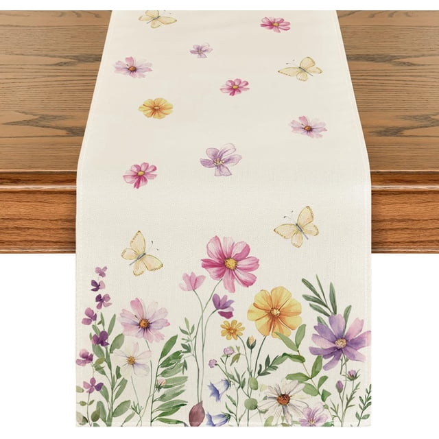 QU*Blommor fjäril vår bordslöpare, bordsduk, säsong sommar köksbordsdekoration inomhus semester festdekor 33 x 183 cm