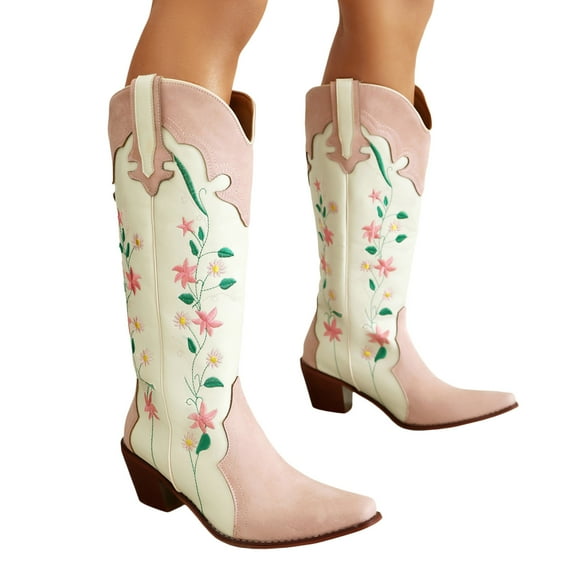 Floral Wide Mid Calf Cowboy Boots for Women Pink Colored Flower Embroidered Leather Pointed Toe Cowgirl Boots