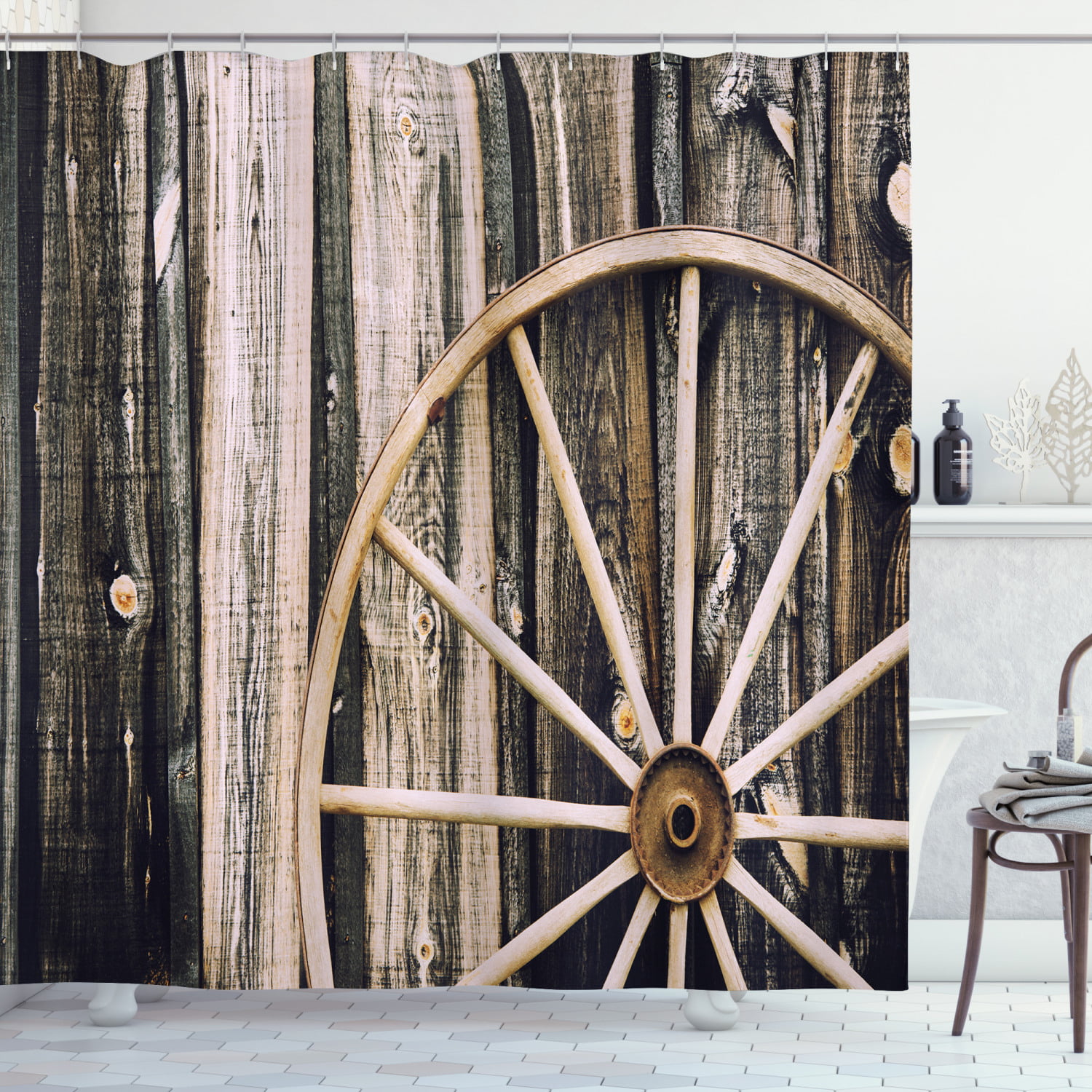 Barn Wood Wagon Wheel Shower Curtain, Country Shower Curtains Clearance
