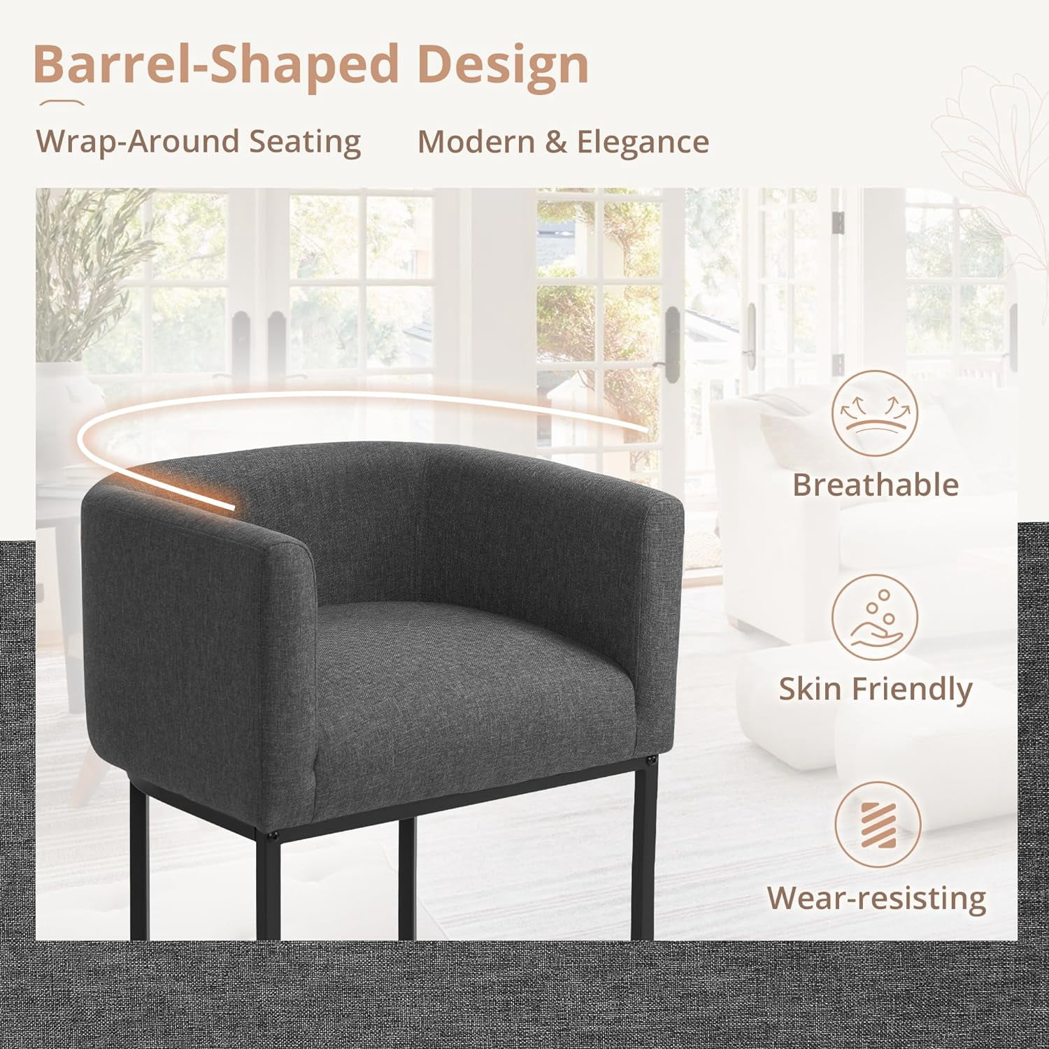 Dycanpo 27" H Modern Bar Stools Set of 6 with Back and Arms, for Home Kitchen, Gray