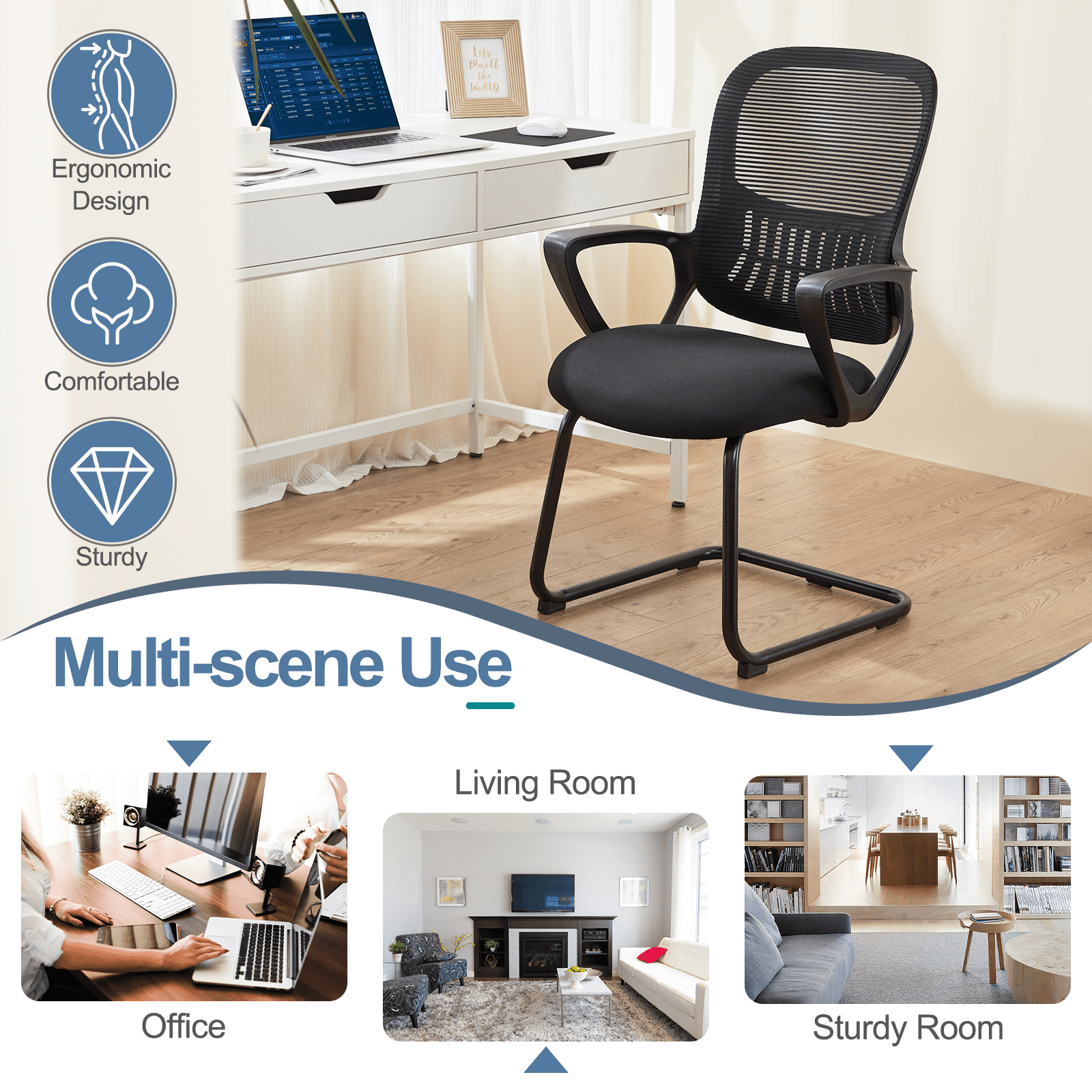 MAYEERTY Office Desk Chair No Wheels, Ergonomic Executive Sled Base Mesh Computer Chairs with Comfy Arms and Lumbar Support for Home Conference Room Bedroom